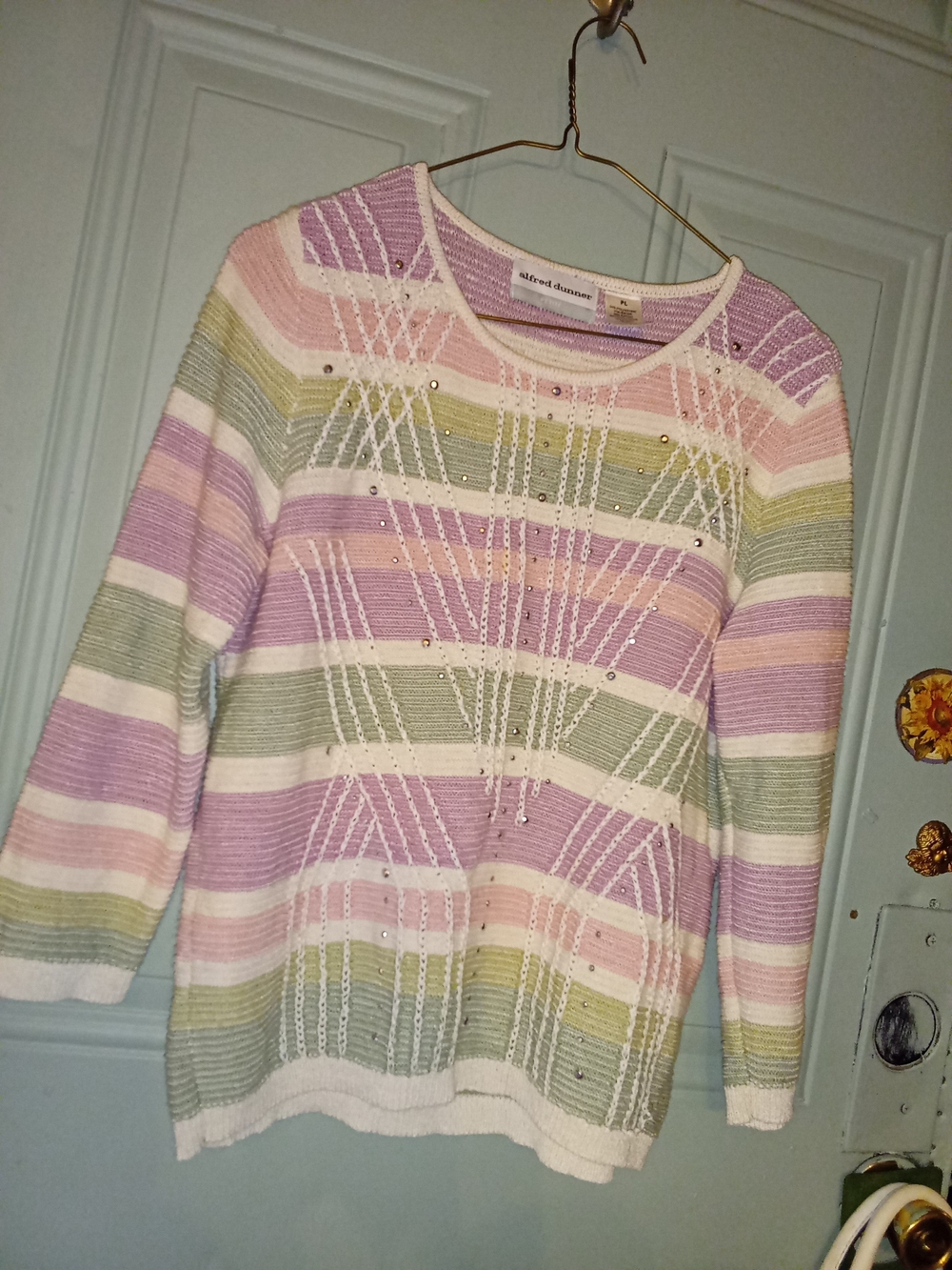 Alfred Dunner Pastel Striped Crewneck Sweater - Lavender, Pink & Sage